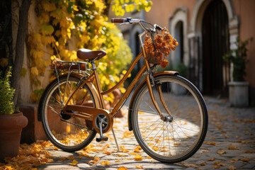 Fototapeta na wymiar A vintage bicycle leaning against a brick wall covered in ivy, evoking a sense of nostalgia and timeless charm. Concept of vintage aesthetics. Generative Ai.