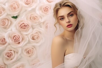 Young woman bride in a classic wedding look. Wedding makeup portrait of a girl. beautiful veil. pink pastel flowers.