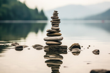 meditation life, a pile of stones balancing on the lake