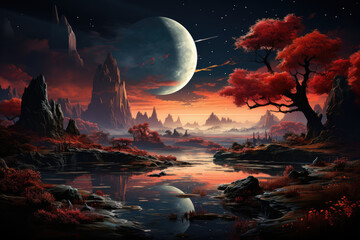 A surreal and dreamlike painting of an otherworldly landscape, sparking wonder and imagination. Concept of surreal artistry. Generative Ai.