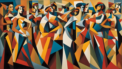 cubist style abstract painting of a group of women in old fashioned fashionable clothes - obrazy, fototapety, plakaty