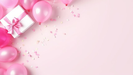 Birthday background, flat lay. Pink gift box, balloons and confetti on the table