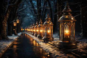 A St. Lucia's Day lantern procession illuminating a snowy path, evoking a sense of wonder and enchantment. Generative Ai.
