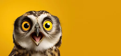 Poster Surprised owl with open beak on yellow background. With copy space for text. Owl or eagle owl close up screams. For poster, banner, landing page, postcard, advertising. shocking news poster content. © Jafree