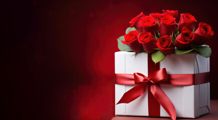White gift box with red ribbon, bow, bouquet of red roses. On dark red background. With copy space...