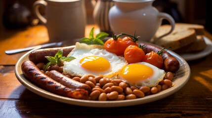 British Full English Breakfast, eggs, sausages, and beans in focus, cup of tea in the background, rustic table setting