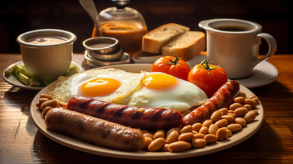 British Full English Breakfast, eggs, sausages, and beans in focus, cup of tea in the background, rustic table setting