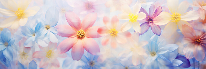 Fototapeta na wymiar Floral kaleidoscope image, spring flowers intricately patterned, pastel colors