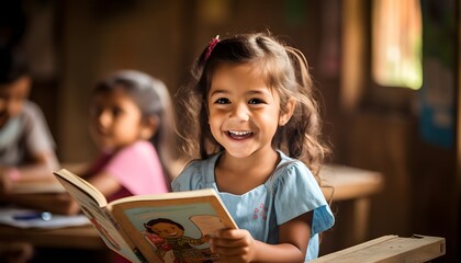 Smiling 5-year-old latin american girl reading a book in her classroom