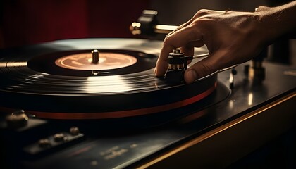 Close-up of hand placing needle on LP turntable - obrazy, fototapety, plakaty