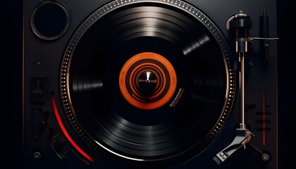 Top-down view of a vinyl record on a modern turntable - obrazy, fototapety, plakaty