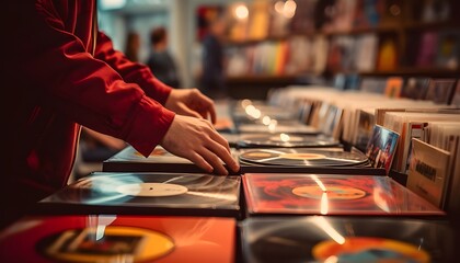 Close-up of young man's hands flipping through vinyl records in a store - obrazy, fototapety, plakaty