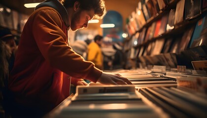 Young 30-year-old man shopping for vinyl records in a store
