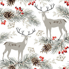 Christmas seamless pattern, deer animals, red berries, pine twigs, cones, white background. Vector illustration. Nature design. Season greeting. Winter Xmas holidays - 664083716