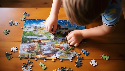 Top-down view of unrecognizable child assembling a puzzle
