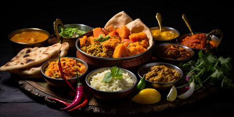 Fototapeta na wymiar Indian Thali, assortment of dishes in small bowls, focus on the naan and curry, colorful spices scattered around, dark wooden table