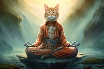 Zen cat meditates in tranquil setting. Serene feline in lotus pose seeks enlightenment inner peace. Pondering serenity and spiritual harmony. Buddhist kitty meditates. Spirituality and Self-Awareness. - obrazy, fototapety, plakaty