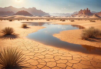 Cracked ground of a dried up lake or river in the desert as result of drought and extreme heat. Rivers and lakes worldwide are running dry. No freshwater for people to drink. Dries, Global drought - obrazy, fototapety, plakaty