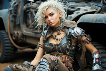 cyberpunk post apocalyptic girl sitting in front of a car - obrazy, fototapety, plakaty