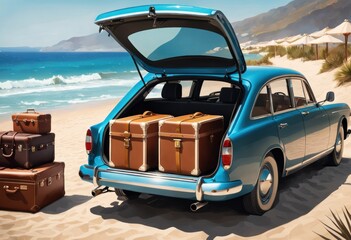 Suitcases and bags in trunk of car ready to depart for holidays. Moving boxes and suitcases in trunk of car, outdoors. Trip, travel, sea. Car on the beach with sea background. Summer vacation concept