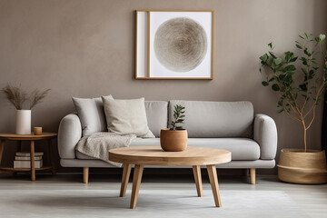Fototapeta na wymiar Scandinavian Living Room: Rustic Round Coffee Table Near White Sofa