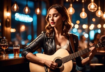 Fototapeta na wymiar Beautiful young woman in casual dress playing acoustic guitar in cafe. Her finger catching chord in bar on dark night light bokeh blur background. Girl learning to play song