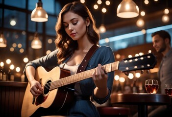Beautiful young woman in casual dress playing acoustic guitar in cafe. Her finger catching chord in bar on dark night light bokeh blur background. Girl learning to play song - obrazy, fototapety, plakaty