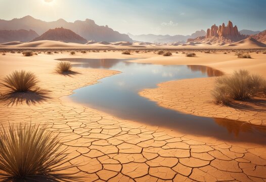 Cracked ground of a dried up lake or river in the desert as result of drought and extreme heat. Rivers and lakes worldwide are running dry. No freshwater for people to drink. Dries, Global drought