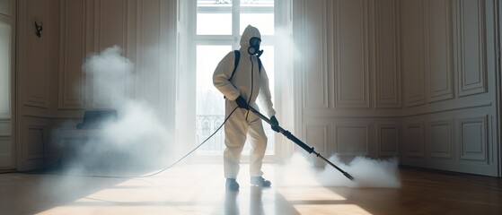 A man in a white disinfection suit sprays steam on a wooden floor in a bright room to kill bedbugs - obrazy, fototapety, plakaty