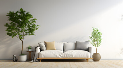 Fototapeta na wymiar Sleek minimalist living room with an empty wall