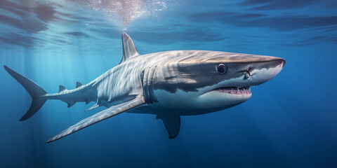Mako Shark, swimming at high speed, motion blur to emphasize speed, deep blue ocean, dynamic composition, sunlight from above
