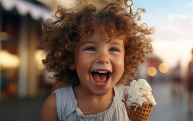 Naklejka premium Kid girl happily eating a cone ice cream