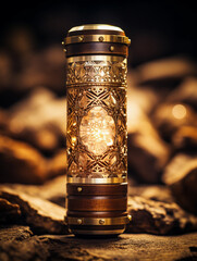 Vintage kaleidoscope with wood and brass, warm earth tones, bokeh background