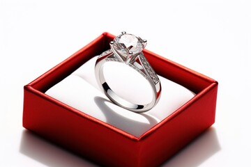 Wedding ring with large cut diamonds in red box on white background. Engagement ring in white gold or platinum with diamonds. Jewelry. For presentation, poster, banner, brochure of jewelry store - obrazy, fototapety, plakaty