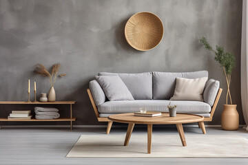 Scandinavian Living Room: Rustic Round Coffee Table Near White Sofa