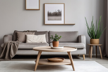 Scandinavian Living Room: Rustic Round Coffee Table Near White Sofa