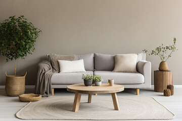 Scandinavian Living Room: Rustic Round Coffee Table Near White Sofa