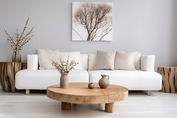 Scandinavian Living Room: Rustic Round Coffee Table Near White Sofa