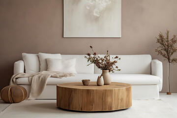 Fototapeta na wymiar Scandinavian Living Room: Rustic Round Coffee Table Near White Sofa