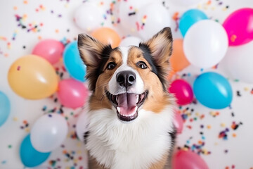 Cute dog on a white background surrounded by multicolor balloons and confetti. Festive concept