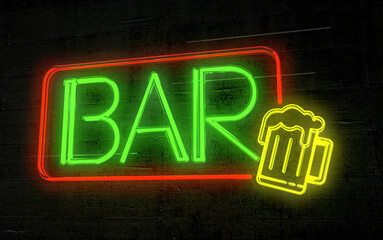 Green neon sign 'drink' shines against the rugged rock wall