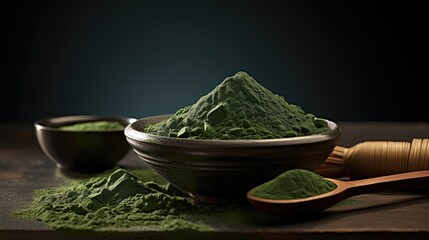 Spirulina or chlorella powder. Dried seaweed. Healthy superfood. Green spirulina powder in wooden...