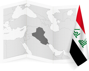 Iraq grayscale map and hanging flag.