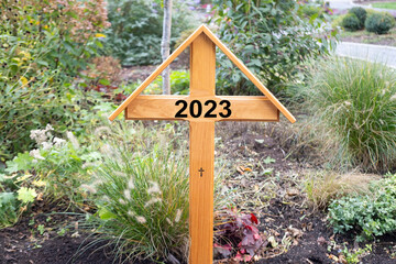 wood grave cross tombstones, funeral 2023, beginning something important, end bad period life,...