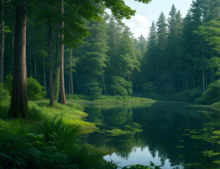 Fototapeta na wymiar Serene green forest and lake landscape. Generative ai