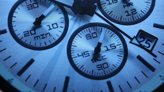 Close Up Of Stylish Luxury Man Wrist Watch With Moving Hand And Multiple Dials. Men's Swiss chronograph watch in metal with sapphire crystal. closeup view of rotating watch , running second arrow