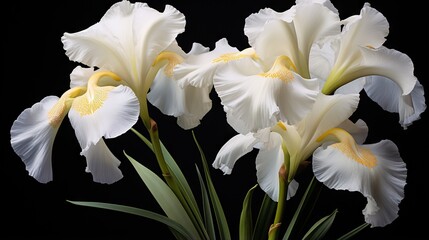  three white flowers are in a vase on a black background.  generative ai