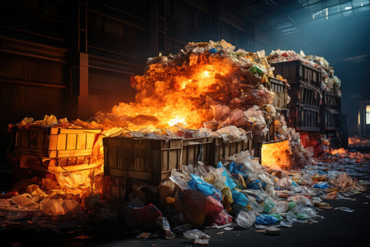 Microbial Enzymes Breaking Down Plastic Waste In A Futuristic Recycling Plant. Concept Of Sustainable Waste Management. Generative Ai.