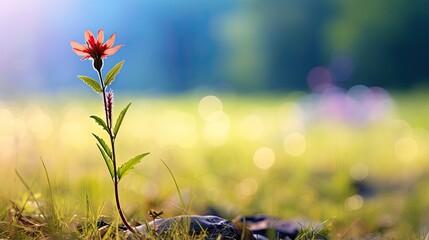  a single flower is growing out of the ground in the grass.  generative ai