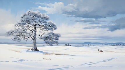  a painting of a lone tree in a snowy field with a cloudy sky.  generative ai